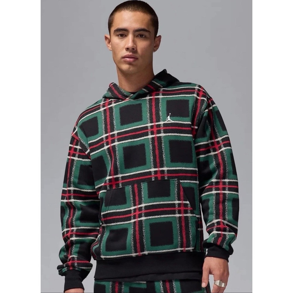 Jordan Essentials Mens XL Holiday Plaid Fleece Pullover Hoodie Green Black Red